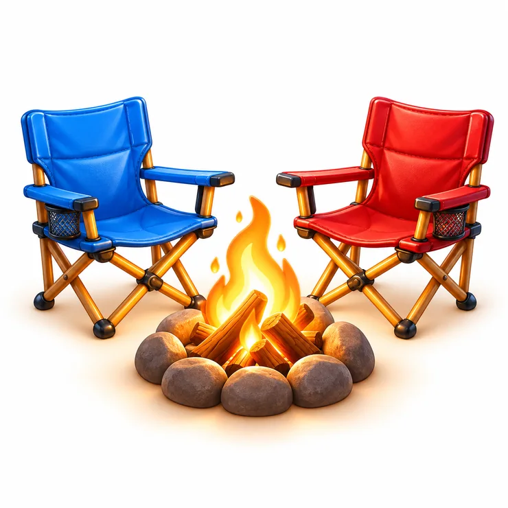 Two welcoming camp chairs beside a small, warm campfire.
